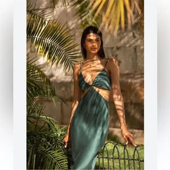 NWT Reformation Poppies silk cutout dress in Forest green - Picture 8 of 13